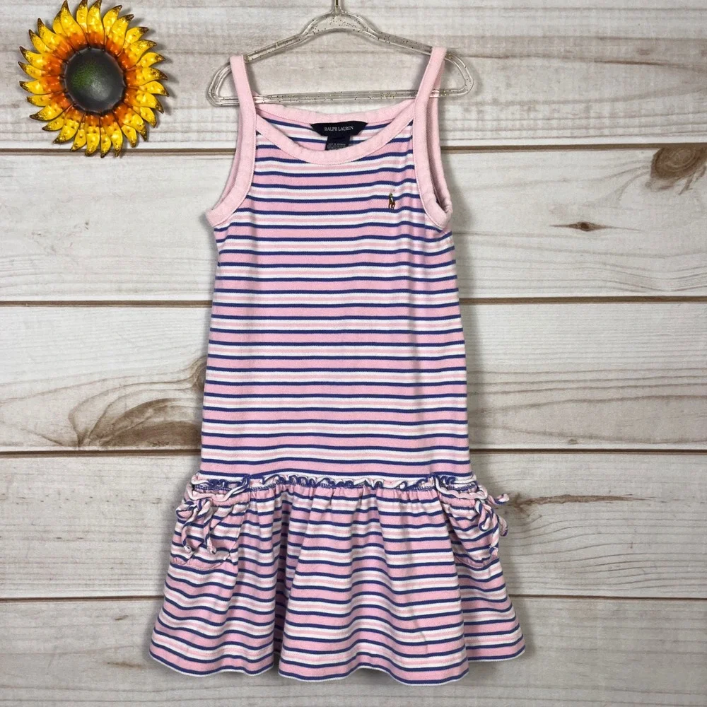 Ralph Lauren Girls Pink Blue Striped Sleeveless Summer Ruffle Polo Dress 6